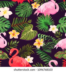 Seamless pattern with flamingos, tropical leaves and flowers 