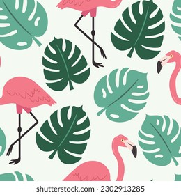 Patrón sin foco con flamencos y hojas tropicales