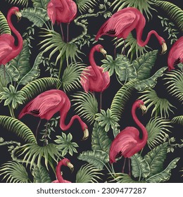 Seamless pattern with flamingos and tropical tress. Vector