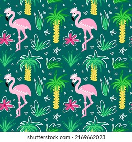 Seamless pattern with flamingos in the tropics among palm trees and flowers