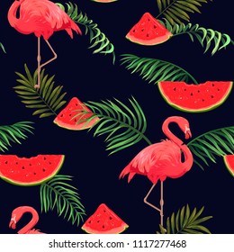seamless pattern with flamingos, watermelons and palm leaves