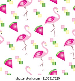 seamless pattern with flamingos and watermelons - summer theme