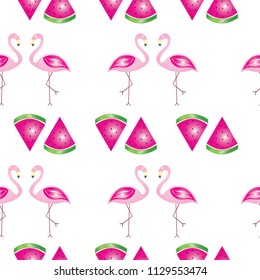 seamless pattern with flamingos and watermelons vector