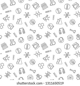 Seamless pattern with flask, test-tubes, chemistry outline symbols. Vector background