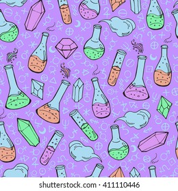 Seamless pattern with flasks and alchemy symbols. Vector illustration