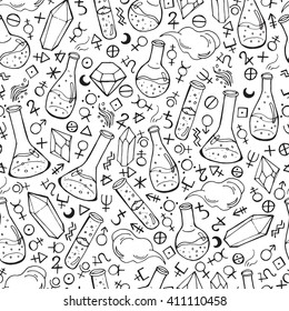 Seamless pattern with flasks and alchemy symbols. Vector illustration