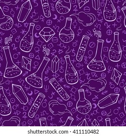 Seamless pattern with flasks and alchemy symbols. Vector illustration