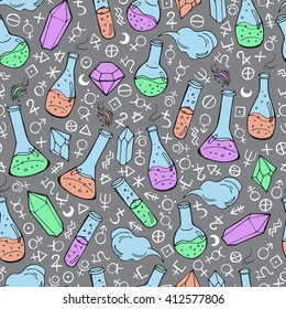 Seamless pattern with flasks and alchemy symbols. Vector illustration