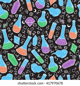 Seamless pattern with flasks and alchemy symbols. Vector illustration