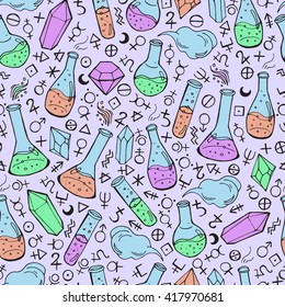 Seamless pattern with flasks and alchemy symbols. Vector illustration
