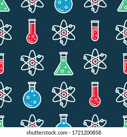 Seamless pattern of flasks and atoms sign. Vector illustration
