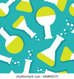 Seamless pattern with flasks icons collection. Colorful background with elements set. Chemical objects, hand drawn backdrop vector. Decorative wallpaper, good for printing