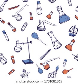 Seamless pattern.  Flasks, test tubes, burners, syringes, chemical devices for laboratory experiments. Vector graphics. Doodle illustration in hand drawn style.