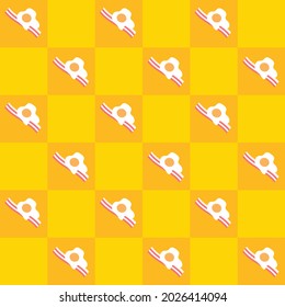 Seamless Pattern flat art design. Checkered yellow square food. Fried Egg and Bacon cartoon. Breakfast illustration abstract background.  Vector EPS10.