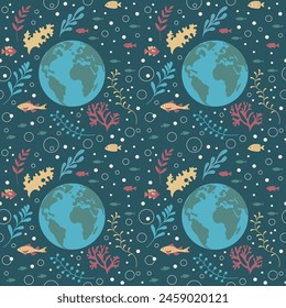 Seamless pattern, in flat art style, Planet Earth.