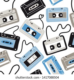 Seamless pattern with flat audio cassettes. Vintage audio tapes, old music. Vector musical hand drawn texture for textile, paper, fabric. Retro 80s 90s concept. Oldschool illustration