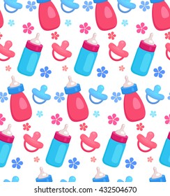 Seamless pattern with flat  baby bottles and pacifiers for your creativity