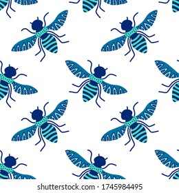 Seamless pattern with flat blue butterflies on a white background.