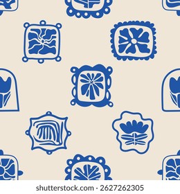 Seamless pattern with flat blue mediterranean shapes. Vector hand drawn signs, summer logo. Minimalistic sea natural design objects, naive vacation creative  sun, flower, figure. Abstract design.