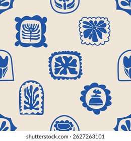 Seamless pattern with flat blue mediterranean shapes. Vector hand drawn signs, summer logo. Minimalistic sea natural design objects, naive vacation creative  sun, flower, figure. Abstract design.