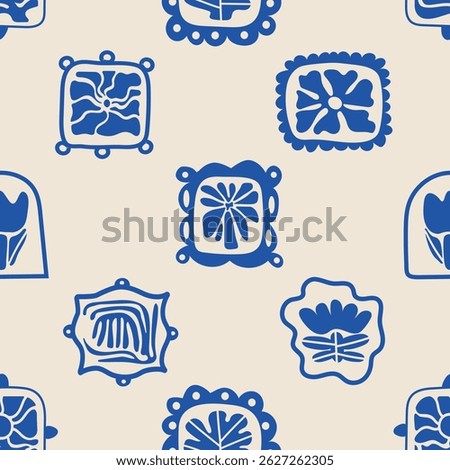 Seamless pattern with flat blue mediterranean shapes. Vector hand drawn signs, summer logo. Minimalistic sea natural design objects, naive vacation creative  sun, flower, figure. Abstract design.
