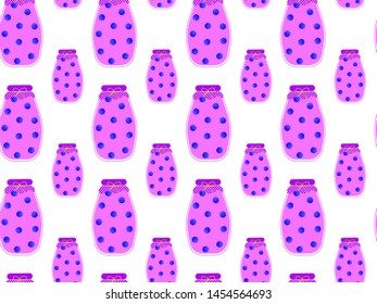 Seamless pattern of flat blueberry compotes in glass jars with berries inside on a white background. Vector.