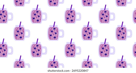Seamless pattern with flat blueberry smoothie on white background.