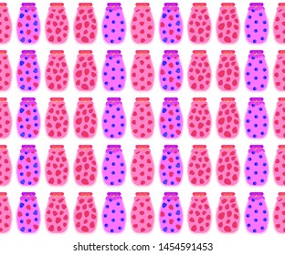 Seamless pattern of flat blueberry, strawberry, cherry, raspberry and wild berry compotes in glass jars with berries inside on a white background. Vector.