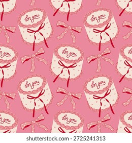 Patrón sin fisuras con pasteles planos y lazos en estilo femenino rosa. Adorno femenino caprichoso para el partido, cumpleaños, día de San Valentín