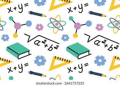Seamless pattern with flat cartoon elements on education, science. Vector illustrations with Pythagorean theorem formula, equations, book icon, ruler, atom structure. For school materials, stationery