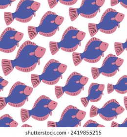 seamless pattern with flat cartoon fish in vector.river and sea fish for prints and design.Template for design, print, background, packaging, book, wrapping paper, fabric.