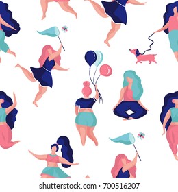 Seamless pattern with flat cartoon girls in a park doing yoga, catching butterflies,walking
