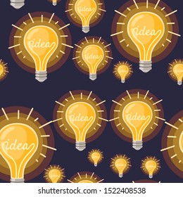 Seamless pattern of flat cartoon incandescent lamp yellow retro light bulb with IDEA concept vector illustration on dark background