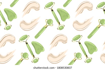 
Seamless pattern of flat cartoon mint green stone face massage roller and guache scraper. Essence awaiting massage. Stylish trendy print for packaging.  Isolated on white background