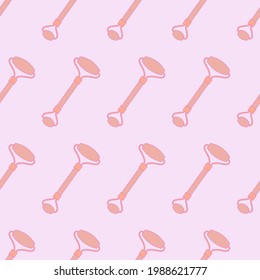 Seamless pattern of flat cartoon pink stone for face massage . Isolated on a pale pink background