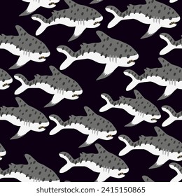 seamless pattern with flat cartoon shark in vector. predatory fish for prints and design.Template for design, print, background, packaging, book, wrapping paper, fabric