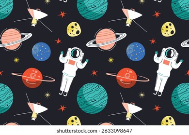 Naadloos patroon in platte tekenfilmstijl met astronaut, ruimtesonde, planeten, asteroïden. Speelse vectorillustratie voor kinderen, textiel, boeken, behang, inpakpapier, educatief materiaal