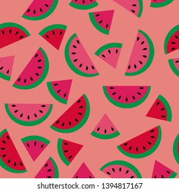 seamless pattern with flat cartoon watermelons on coral background