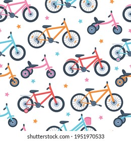 Seamless pattern of flat children's and adult bicycles.