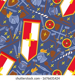 Banner de equipamiento de caballería plana sin inconvenientes. Conjunto de casco, escudo, espada, ilustración del vector de cuchillo. Papel envuelto, banner de sitio web, embalaje para artículos medievales, cosas.