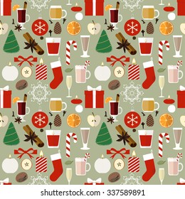 Seamless pattern with flat Christmas icons scattered on pale green background.