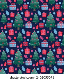 Seamless pattern with flat Christmas trees and gift boxes. Vector cute backdrop.