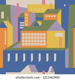 Seamless pattern with flat city buildings. Industrial background for your design. Textile, blog decoration, banner, poster, wrapping paper.