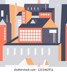 Seamless pattern with flat city buildings. Industrial background for your design. Textile, blog decoration, banner, poster, wrapping paper.