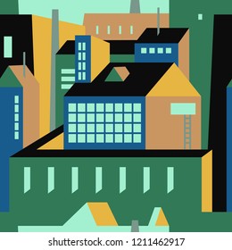 Seamless pattern with flat city buildings. Industrial background for your design. Textile, blog decoration, banner, poster, wrapping paper.