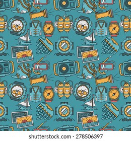 Seamless pattern with flat color design elements of sea active leisure and diving on blue background.