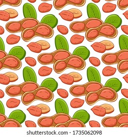 Seamless pattern with flat color peanut images on white background. Vector illustration. Peanuts, nuts in shell and  leaves. Endless template. Closeup tile texture for wrapping and packaging. 