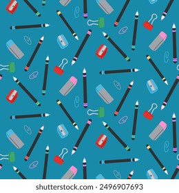 Seamless pattern with flat color pencils, sharpener, eraser and paper clip. Traditional artistic or kids craft supplies, creative hobby accessories. Vector illustration on blue background