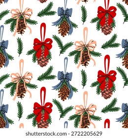 Padrão sem costura com decorações de cor plana em um loop com cones de pinho amarrados com arcos e ramos de abeto, aleatoriamente. festivo natural para papel de embrulho para férias de inverno, têxteis, desenhos sazonais