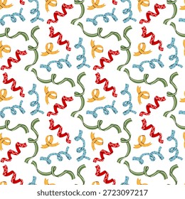 Cintas de vacaciones coloridas planas del patrón inconsútil, confeti, serpentinas con la decoración. Fondo de vacaciones brillante para papel de regalo para fiestas, impresiones en textiles para cumpleaños o Diseño gráfico de temporada
